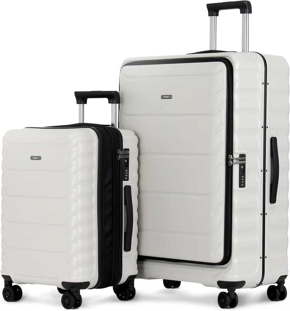CENSIEN Luggage Sets 2 Pieces, 20/28 Inch PC Hardshell Suitcase with Spinner Wheels, 20 Inch Expandable Clamshell Carry On Luggage and 28 Inch Aluminum Frame Top Opening Checked Luggage (White)