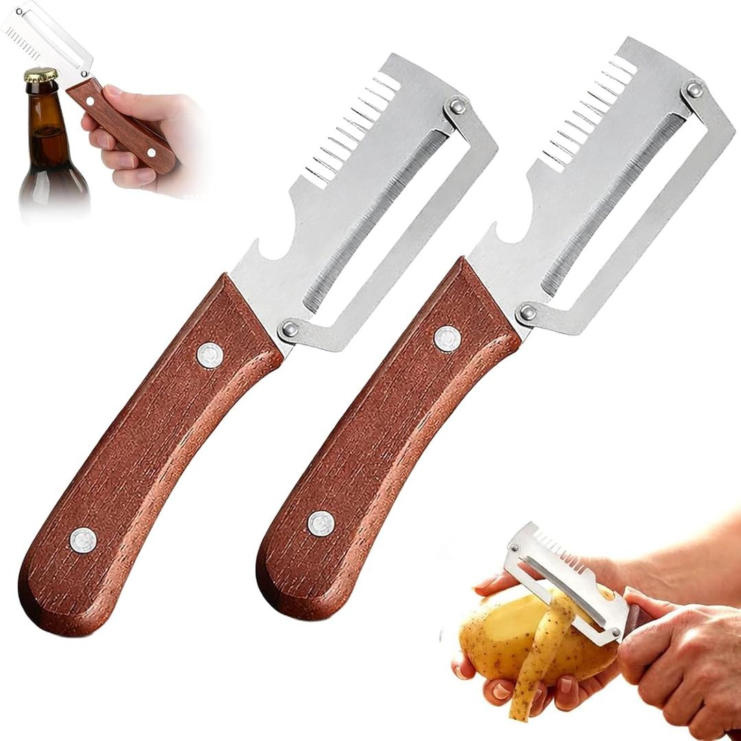 NEW Premium Vegetable Peeler with Wooden Handle and Bottle Opener: 2-in-1 Stainless Steel Kitchen Tool for Fruit Apple Potato Pumpkin Papaya (1Pack)