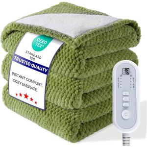 Heated Blanket Electric Blanket Full Size Fuzzy Fleece, 72" x 84" Soft Fluffy Fast Heating Blanket 8 Heating Levels & 10 Hours Auto Off with ETL & FCC Certification, Green