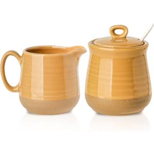 Hasense Sugar and Creamer Set, 11 Ounce Sugar Bowl with Lid and Spoon, 10 Ounce Creamer Container, Ceramic Cream and Sugar set for Coffee Bar, Dishwasher Safe, Yellow