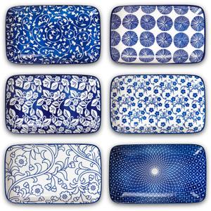 Selamica Ceramic 8 inch Rectangular Salad Plates, Dinner Plates, Pasta Dessert Plates for Appetizer, Sushi, Fruit - Microwave/oven/Dishwasher Safe, Set of 6, Vintage Blue