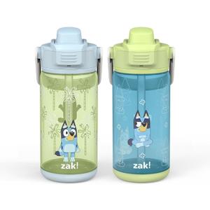 Zak Designs Bluey Kid Water Bottle 2-Pack Set for Travel or At Home, 16oz Plastic is Durable and Leak-Proof with Silicone Spout, Cover, Carry Handle, Protective Base (Bluey and Bingo)