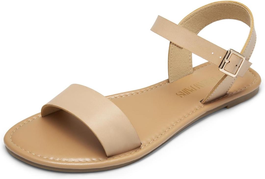 DREAM PAIRS Women's Flat Sandals,Nude,7.5 | Open Toe Adjustable Strap with Elastic, Non-slip, Cushioned, Lightweight Summer Dress Sandals Shoes