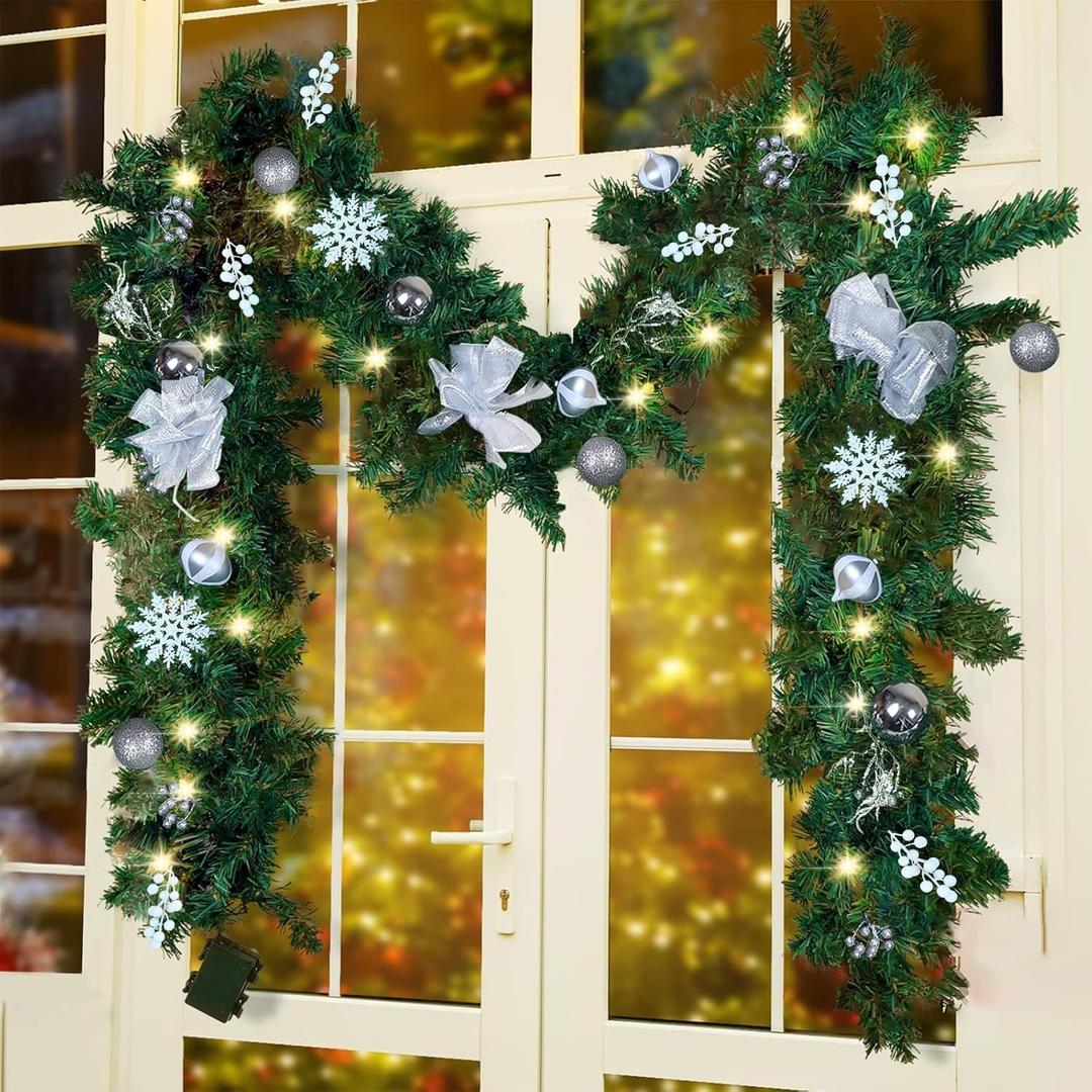 MorTime 9 FT LED Christmas Garland with Berries Bows Christmas Balls, Pre-Lit Artificial Garland with 50 Warm White LED Lights for Indoor Outdoor Christmas Decorations