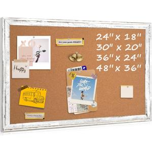 Cork Board Bulletin Board, 36" x 24" Corkboard for Wall, Rustic White Wooden Frame, Hanging Pin Board for Home & Office Decor, 10 Push Pins