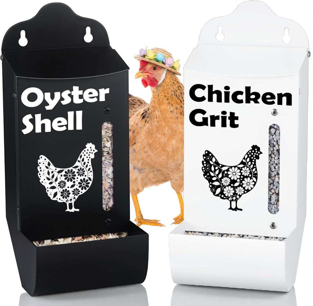 CluckRoots Chicken Grit and Oyster Shell Feeder Combo, No-Spill Weatherproof Heavy-Duty Design, Lift-Off Wall-Mounted Metal Dispenser w/View Window, Chicken Coop Accessories Gifts for Lovers Women