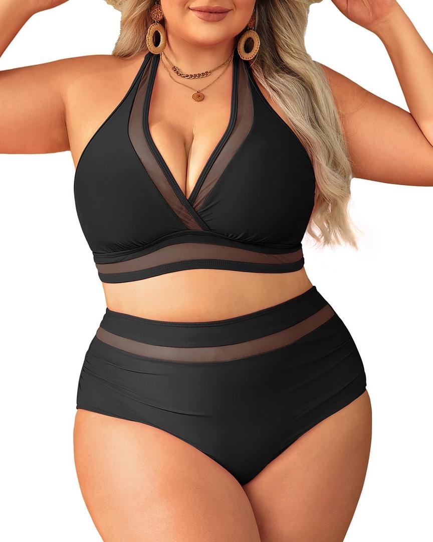 Tempt Me Women Plus Size Bikini High Waisted Swimsuits Mesh Tummy Control Two Piece Bathing Suit (Black)