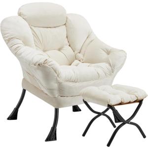Lazy Chair with Folding Ottoman Modern Large Accent Chair,Contemporary Lounge Leisure Sofa Chair with Armrests Upholstered Sofa Armchair Reading Chair for Bedroom,Dorm & Office (Beige-f)
