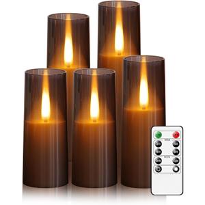 Flameless LED Candles, Upgraded Realistic Flickering Flame Battery Operated Candles with Remote Timer, Acrylic Electric Set of 5 for Romantic Ambiance and Home DecorationGrey