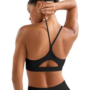 YEOREO Luciny Workout Y Back Sports Bras for Women Spaghetti Straps Racerback Padded V Neck Medium Impact Gym Bra Yoga Top (Small, Black)