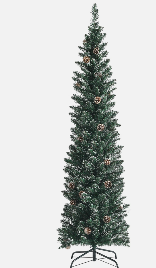 6 ft. Unlit Snowy PVC Slim Artificial Christmas Tree w/Pine Cones