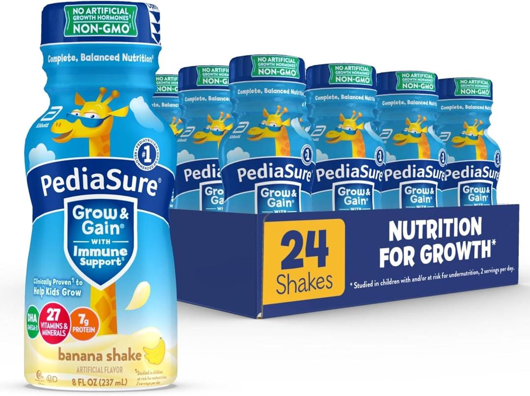 PediaSure Grow & Gain with Immune Support, 27 Vitamins & Minerals for Kids, 7g Protein, Non-GMO, Gluten-Free, Banana, 8-fl-oz Bottle, Pack of 24 (EXP 05/01/27)