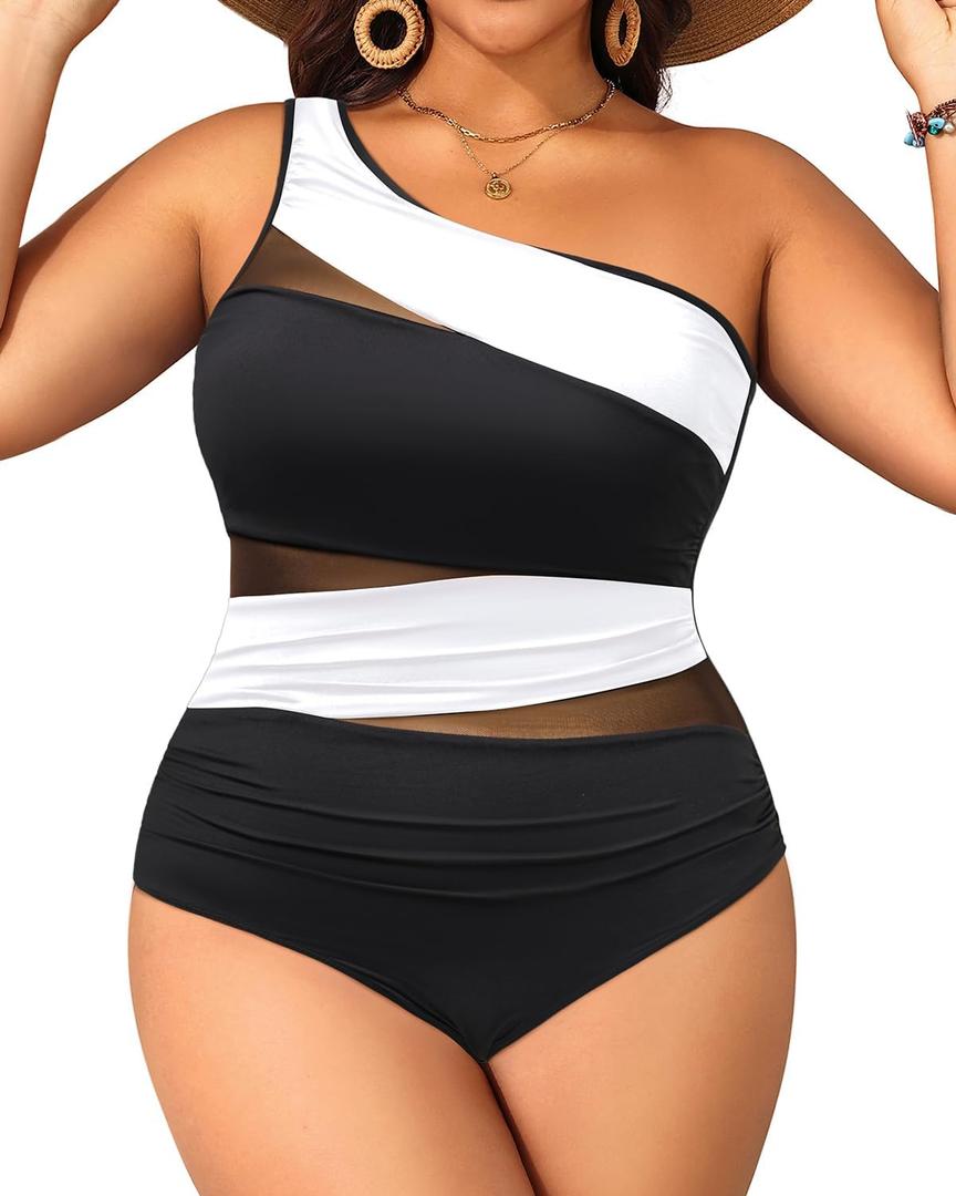 Aqua Eve Plus Size One Piece Swimsuit for Women Tummy Control Bathing Suits One Shoulder Swimwear (18 Plus, Black and White)