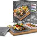 Artestia Hot Stone Steak Cooking Set 2 Natural Granite Grill Stones + 1 Bamboo Tray +1 Salad Plate & 3 Sauce Bowls Indoor/Outdoor BBQ Sizzling Steak & Seafood Grilling Gift
