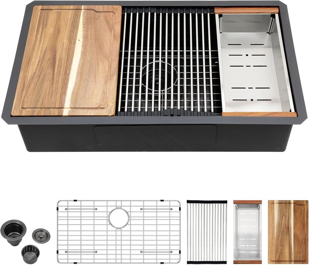 Black Undermount Kitchen Sink 30 Inch Stainless Steel Workstation Kitchen Sinks Single Bowl Gunmetal Black Nano PVD 16 Gague Handmade Large Deep Sinks, 30"x19"x9"