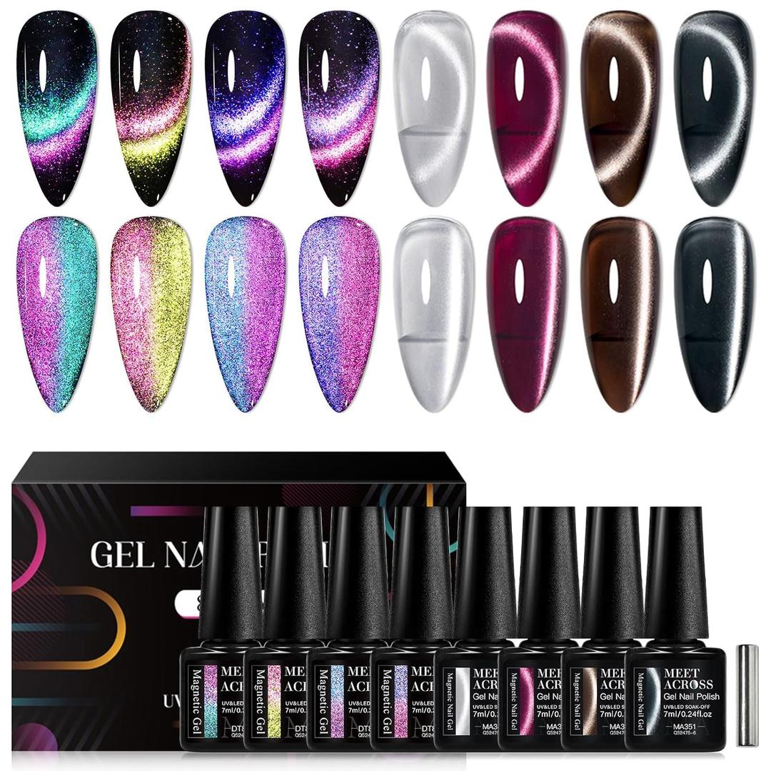 MEET ACROSS 8pcs Cat Eye Gel Nail Polish Set,Soak off UV LED Lamp Gel Nail Polish Cat Eye Gel Set (SET-4, 8pcs) (2 Fl Oz (Pack of 1))