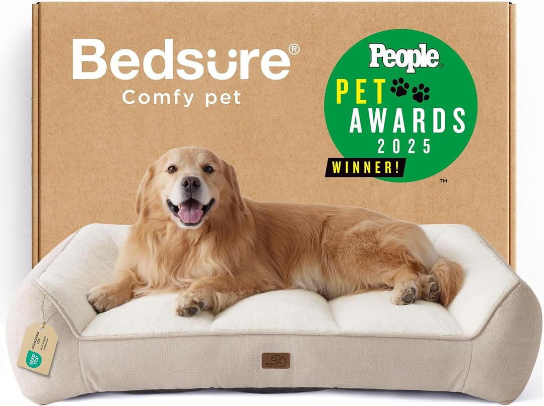 Bedsure Orthopedic Dog Beds Large - 48x74 Extra Thick Supportive Dogs Couch with Waterproof Washable Cover, XL Plus Extra Large Pet Bed Sofa with Soft Plush Sherpa and Nonskid Bottom, Cream