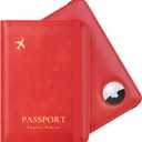 Stouchi AirTag Passport Holder, Simple Passport Holder with Airtag Slot, RFID Passport Wallet Cover for Women, Family Leather Passport Protector Case, Anti-Lost Travel Accessories, Red