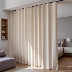 Room Divider Blackout Curtains Flexible Sliding Tracks Sets Ceiling Mounted Rod Window Curtain Privacy Separation for Bedroom Living Rooms,1 Panel Beige Drape and Black Track Set-W108xH72 in