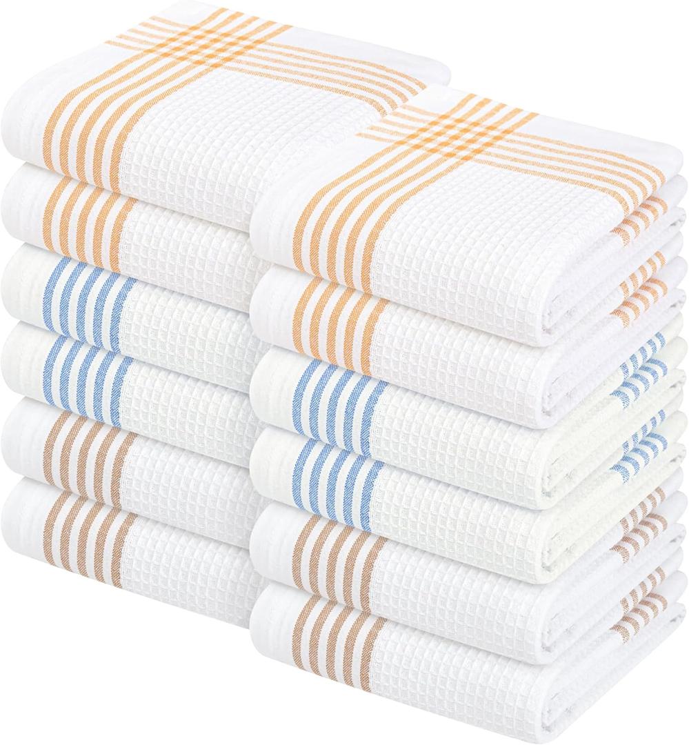 Waffle White & Multi Colors Kitchen Towels Set of 12, 100% Cotton, 16x26 inches, Durable Dish Towel, Quick Dry Dishcloths, Ideal for Drying, Wiping - Mustard Yellow, Sky Blue, Brown, 16 X 26 - 12 Pack