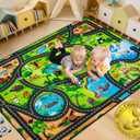 Kids Rug, 3x5 Ft Animal Car Rugs for Kids Toy Cars, Extra Thick (0.4in) - Non-Slip Zoo Road Rug Mat Carpet for Playroom & Bedroom, Educational Learning & Game Area