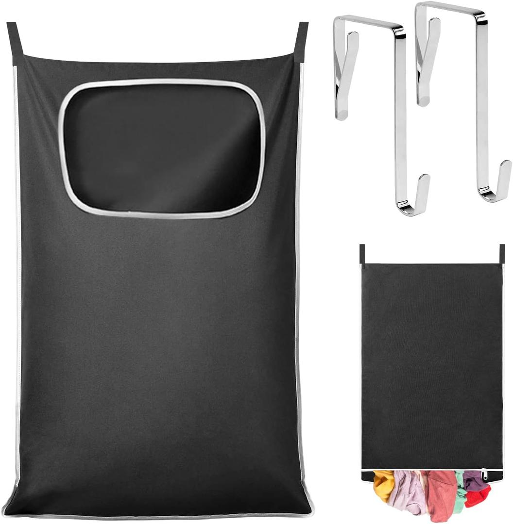 Hanging Laundry Hamper Bag - Over The Door Dirty Clothes Organizer with Wide Opening Design, Space Saving for Bathroom, Bedroom, Dorm, RV, Travel (Black)