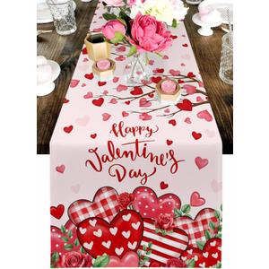 Valentine's Day Pink Table Runner Red Love Heart Table Runners 72 Inches Long Love Trees Rose Valentines Day Dresser Runners for Dinner Kitchen Tables Home Decor