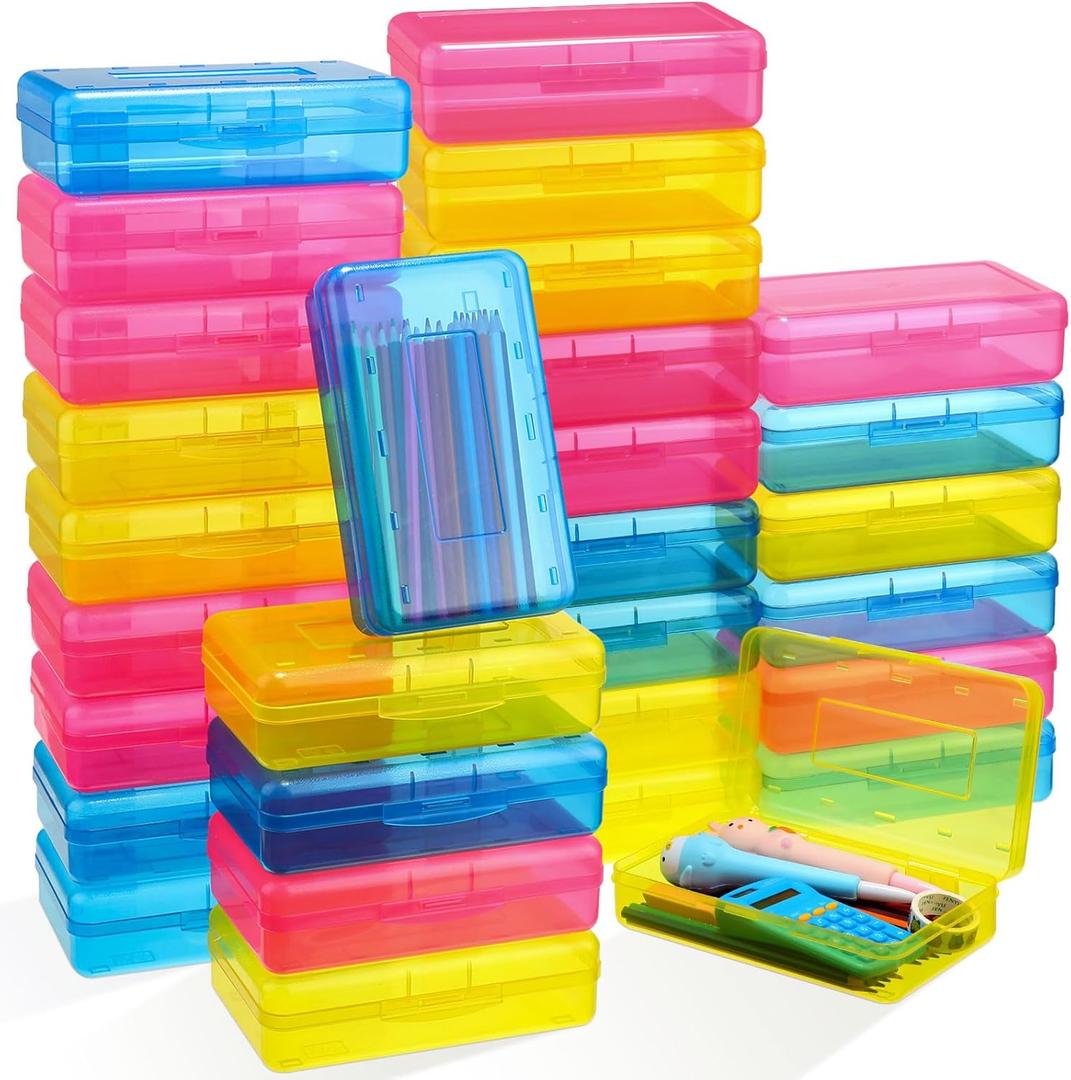 Patelai 30 Pcs Large Capacity Pencil Case Bulk Clear Hard Plastic Pencil Box Organizer with Snap Tight Lid Stackable Crayon Storage Box for Kids School Classroom Home Office 2 Style (Pink Yellow Blue)