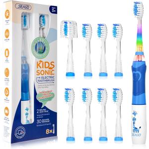 SEAGO Kids Electric Toothbrush with 2 Mins Brushing Timer and 8 Replacement Bursh Heads,Rainbow LED Light Make Brushing Fun, Blue Color Boys Battery Powerd Toothbrush for 4-12 Years Old