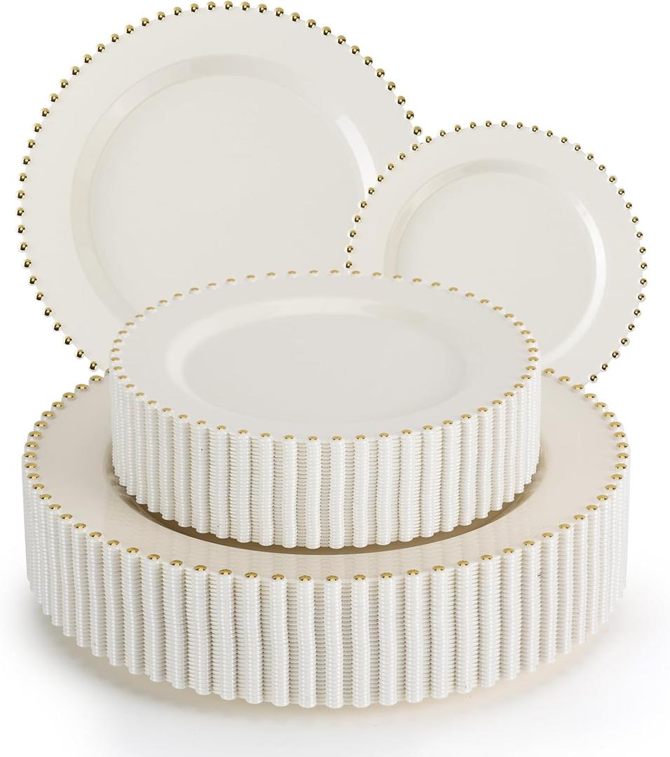 EI 60pcs Beige Plastic Plates with Gold Rim,Ivory Disposable Plates,Heavy Duty Fancy Plastic Plate,10" Dinner & 7" Dessert Plate Elegant for Party,Wedding,Birthday,Spring,Afternoon tea