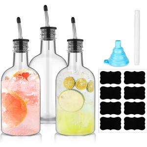 Maxcheck 4 Sets 16 oz Plastic Long Neck Bottles with Pourer and Caps Plastic Juice Pour Bottles with Stainless Steel Bottle Pourer Tapered Spout for Juice Store Syrup
