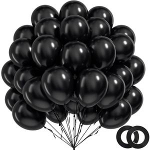 BAUANOOY 100pcs Black Balloons 12 inch, Black Latex Balloons with Ribbon for Graduation Birthday Party Decorations