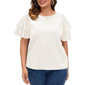 ZOMVA Women's 2024 Plus Size Satin Blouse Short Ruffle Sleeves Silk Top Dressy Shirt Office Elegant (5X, Pearl White)
