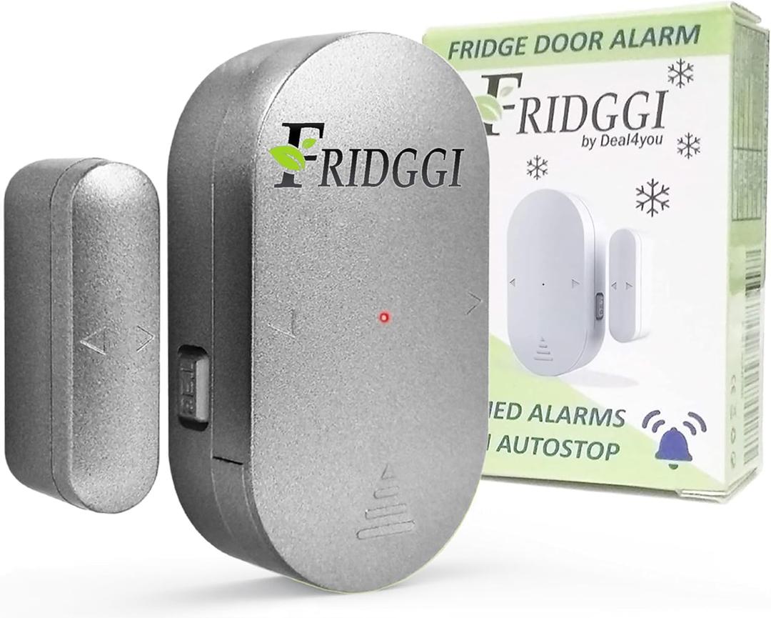 Refrigerator Door Ajar Alarm, 60 Second Delay Low Alert, 3 Minute Loud Chime or Siren, Freezer Door Open Alarm, 4 Minute Reminders  Compact Size. (Grey)