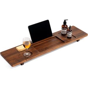 Luxury Teak Bathtub Caddy Tray - 35" Expandable Bath Bridge for Freestanding & Standard Tubs - Water-Resistant Solid Wood Spa Organizer with Wine Glass, Phone Holder & Non-Slip Grips