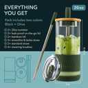 Pandaloo Glass Cups With Lids and Straws -20 Fl Oz- Perfect Size Iced Coffee Cup - Smoothie Cup With Bamboo Lid and On the go Lid - (2 Count (Pack of 1), Black Saphir-Mediterranean Olive)