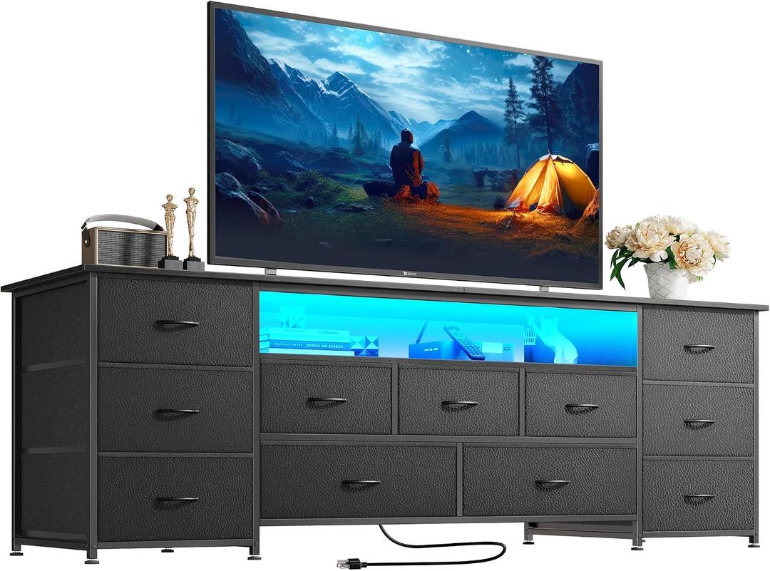 Huuger 63 Inch TV Stand for 65, 70 Inch TV, 11 Drawer Long Dresser with Power Outlets and LED Lights, Entertainment Center with Storage, Black Dresser with PU Leather Surface, 13"D x 63"W x 26.8"H