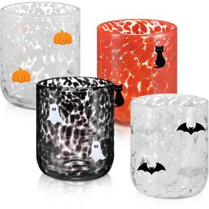 4 Pcs Icon Glass Cups - 16 oz Cute Icon Juice Glass Double Old Fashioned Hand Blown Drinking Cups for Holiday Party Home Decor Lovely Gifts(Halloween Style)