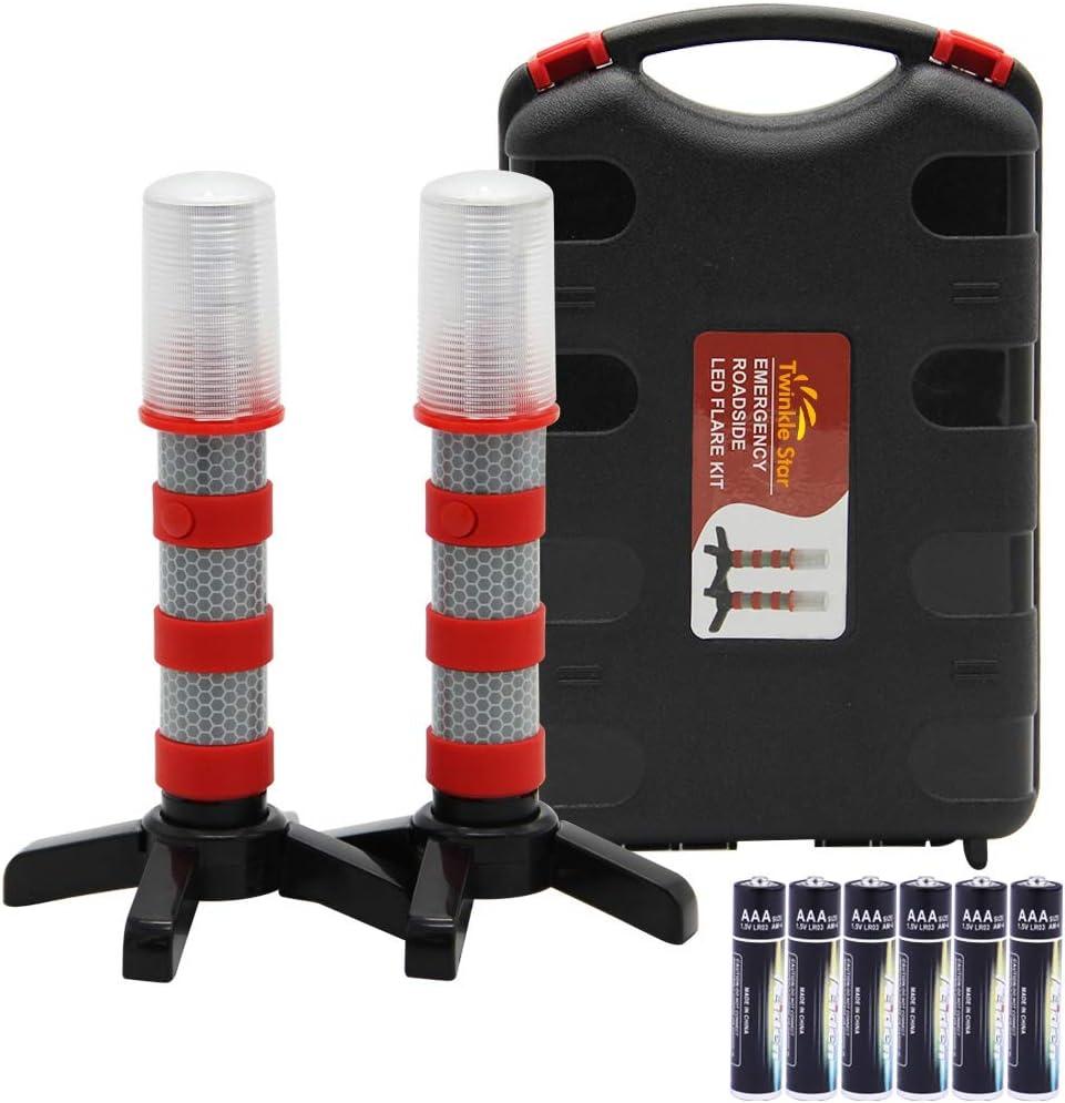 Twinkle Star Emergency Roadside Flares Kit LED Safety Strobe Road Warning Light Highway Beacon Alert Flare with Magnetic Base, Detachable Stand, Solid Storage Case (Set of 2)