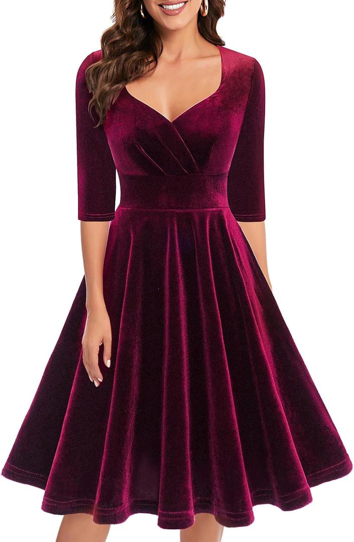 Bbonlinedress Womens Velvet Long Sleeve Formal Wedding Guest Vintage Cocktail Holiday Party Midi Dress (Large)