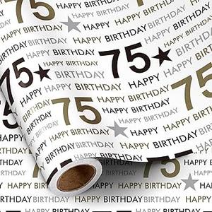 RUSPEPA Wrapping Paper Roll - Mini Roll - 75th Birthday and HAPPY BIRTHDAY Design Perfect for Birthday, Holiday and Party - 17 Inches X 16.4 Feet
