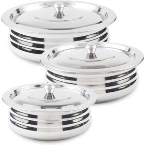 CRAFTONE Stainless Steel Heavy Duty Induction Cooking Pot Cook and Serve Handi With Lid Set of 3 pcs, Premium Steel Tope, Patila Handi for both cooking and serving (1.9 Qt, 2.4 Qt and 3.3 Quart)