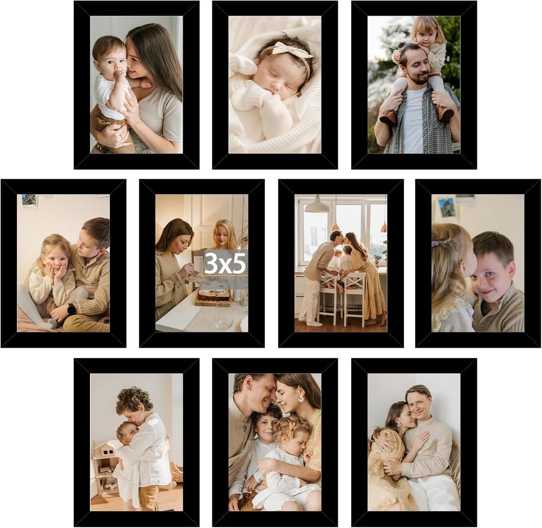 10 Packs 3x5 Picture Frames, Lightweight 3 by 5 Frames Bulk Set of 10 Collage Wall Decor Photo Frames Set for Wall and Tabletop, Black