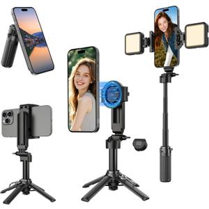 Magnetic Mini Selfie Stick for iPhone, 4 in 1 Portable Pocket Size Tripod for iPhone MagSafe/Android with Remote/Stepless Adjustable Fill Lights, Small/Compact Cell Phone Stand for Travel Vlog-Black