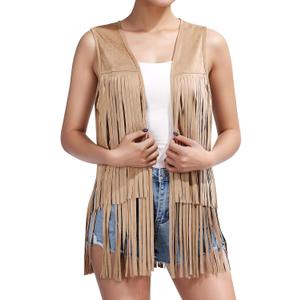 UpFind Women's Khaki Fringe Vest Cowgirl Western Vest 60s 70s Hippie Faux Suede Tassel Jacket Country Concert Outfits, Small