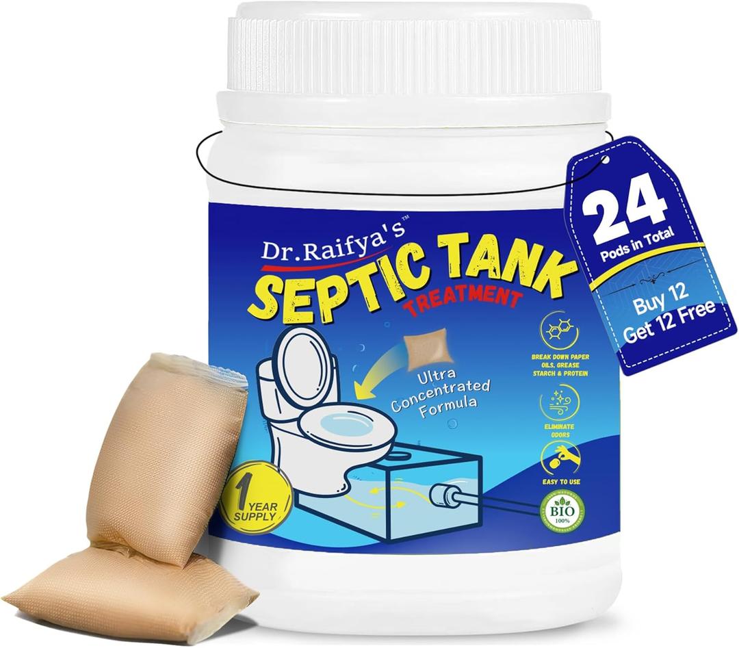 Dr.Raifya's Septic Tank Treatment Pods - 24 Pcs for 2-Year Supply | Beneficial Bacteria & Enzymes Formula Ultra Concentrated for Clog Prevention & Odor Elimination | Suitable for All Septic Systems