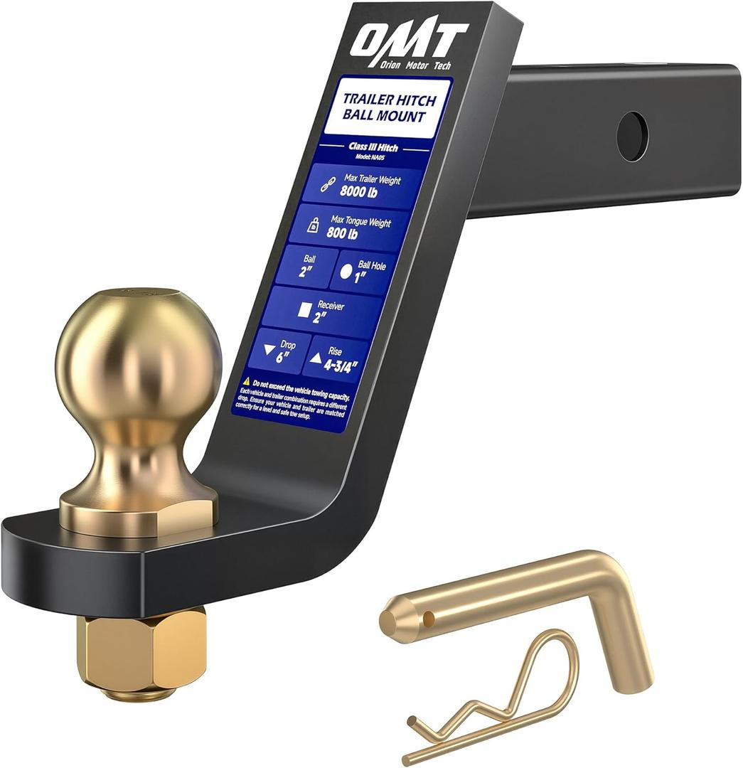 Orion Motor Tech Trailer Hitch Ball Mount, for 2" Receiver with 2" Ball 6" Drop 8000 lb. Towing Capacity, Heavy-Duty Tow Hitch Reversible Ball Hitch for Truck Boat RV Cargo with Hitch Pin & Clip