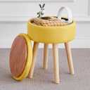 Storage Ottoman Foot Stool Linen Round Vanity Stool Tray Top Footstool with Wood Legs Multifunctional Upholstered Foot Rest Ottoman for Living Room, Bathroom, Makeup (Yellow)