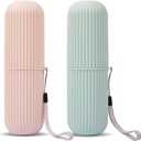 Livvogue Portable Toothbrush Travel Case Holder with Rope, Large Capacity, Ribbed Design, Pack of 2 (Green&Pink)