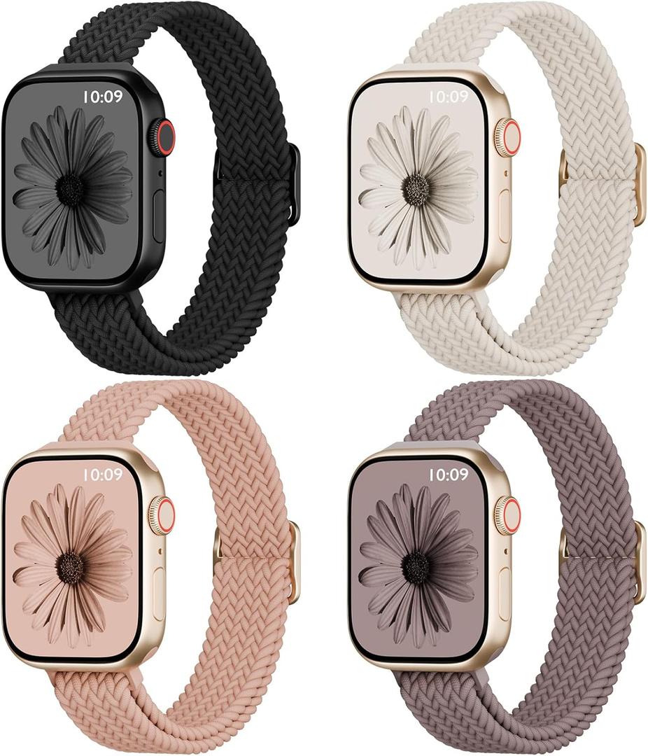 4 Pack Slim Braided Stretchy Compatible with Apple Watch Band 38mm 42mm 40mm 44mm 41mm 45mm 46mm 49mm Women Men, Solo Loop Nylon Thin Strap for iWatch Series 11 10 9 8 7 SE 6 5 4 3 Ultra (Black/Starlight/Nude Pink/Smoke Violet)